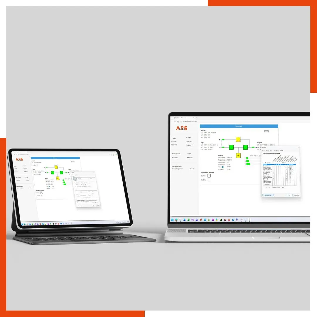 USV Software UPSMAN auf Laptop und Tablet zur Überwachung und Fernsteuerung von Servern sowie zum zentralen Management mehrerer USV-Anlagen